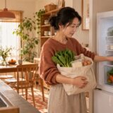 A resident putting leafy greens, tofu and eggs into a refrigerator in a Japanese apartment