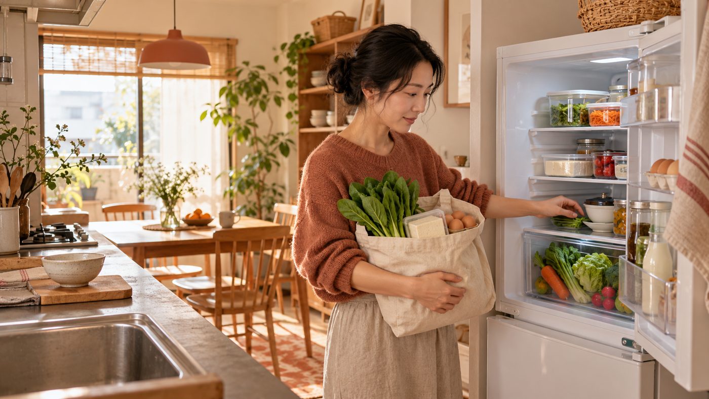 A resident putting leafy greens, tofu and eggs into a refrigerator in a Japanese apartment