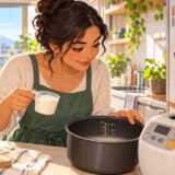 Woman measuring rice beside a Japanese rice cooker and checking the inner pot water lines