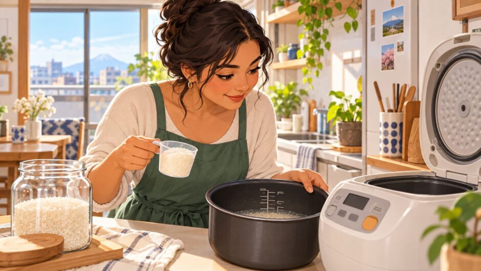 Woman measuring rice beside a Japanese rice cooker and checking the inner pot water lines