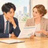 Employee and HR colleague reviewing a salary revision notice beside a calendar in a bright office