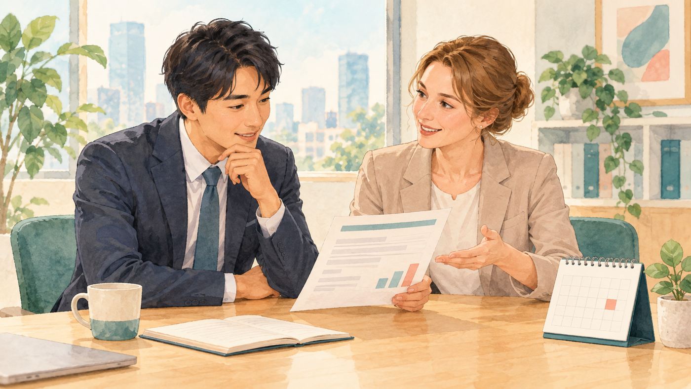 Employee and HR colleague reviewing a salary revision notice beside a calendar in a bright office