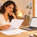 A job seeker reviews a career history document beside a laptop at home