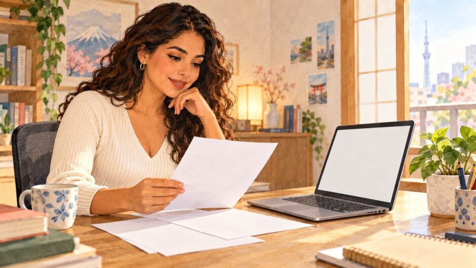 A job seeker reviews a career history document beside a laptop at home