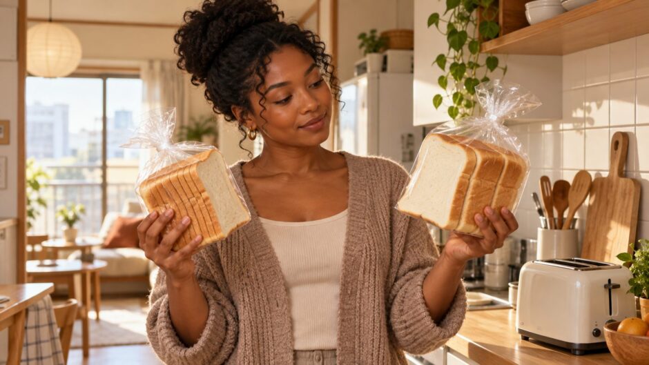 A resident comparing thin and thick sliced bread beside a toaster in a Japanese apartment kitchen