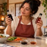 A resident comparing two unbranded soy sauce bottles and small tasting dishes in an apartment kitchen