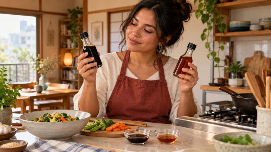 A resident comparing two unbranded soy sauce bottles and small tasting dishes in an apartment kitchen