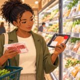 Shopper comparing grocery packages and a discount sticker in a Japanese supermarket