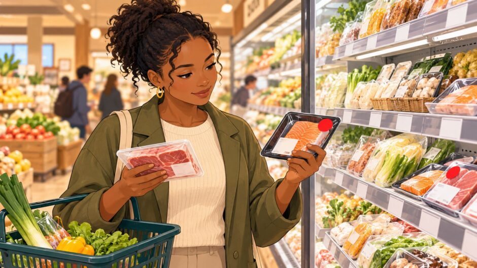 Shopper comparing grocery packages and a discount sticker in a Japanese supermarket