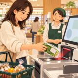 Shopper scanning packaged groceries at a Japanese supermarket self-checkout with staff nearby