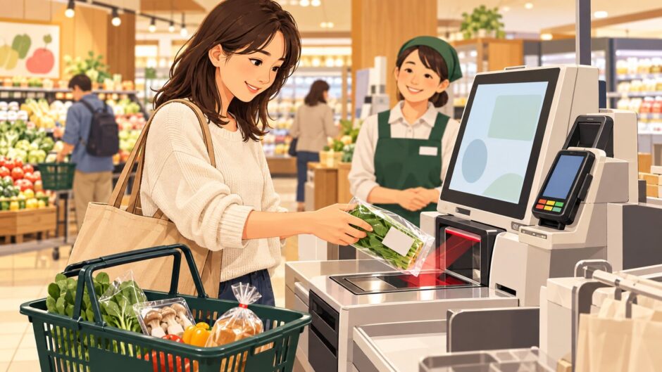 Shopper scanning packaged groceries at a Japanese supermarket self-checkout with staff nearby