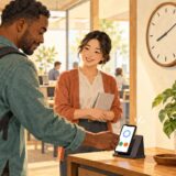 Employee uses a phone to record attendance at the workplace entrance