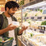 A shopper comparing two tofu packs in a Japanese supermarket refrigerated aisle