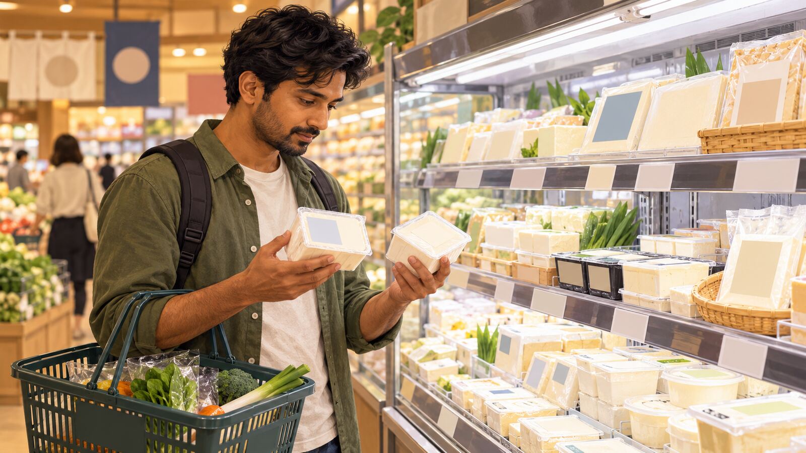 A shopper comparing two tofu packs in a Japanese supermarket refrigerated aisle