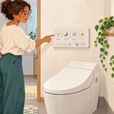 Resident looking at an unbranded wall control beside a Japanese toilet