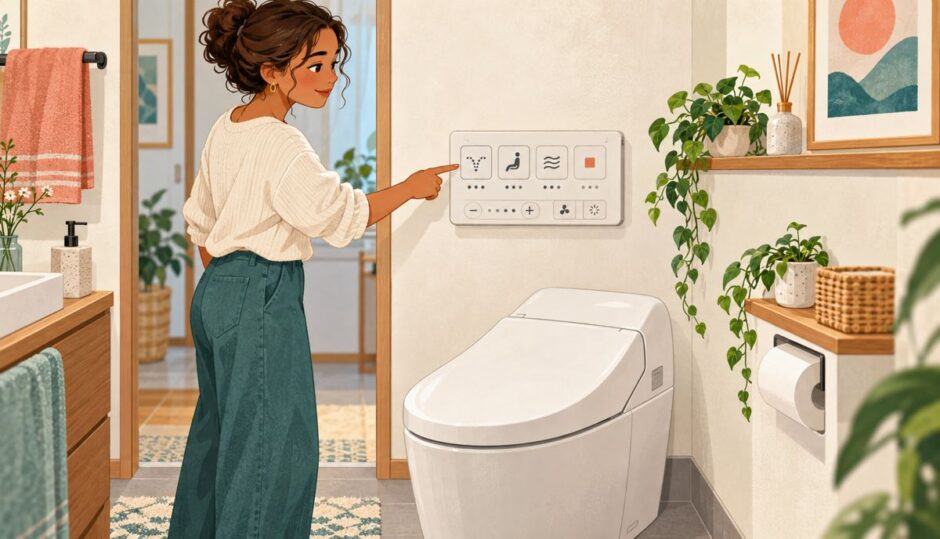 Resident looking at an unbranded wall control beside a Japanese toilet
