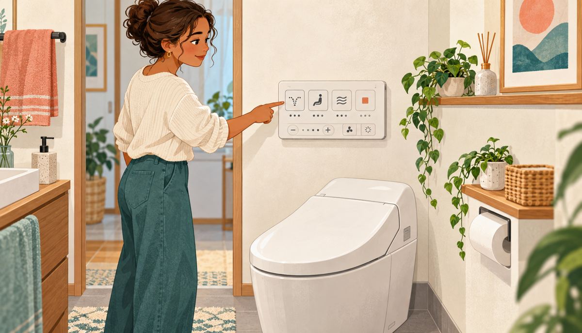 Resident looking at an unbranded wall control beside a Japanese toilet