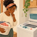 Resident checking the control panel of a Japanese washing machine while holding a laundry basket