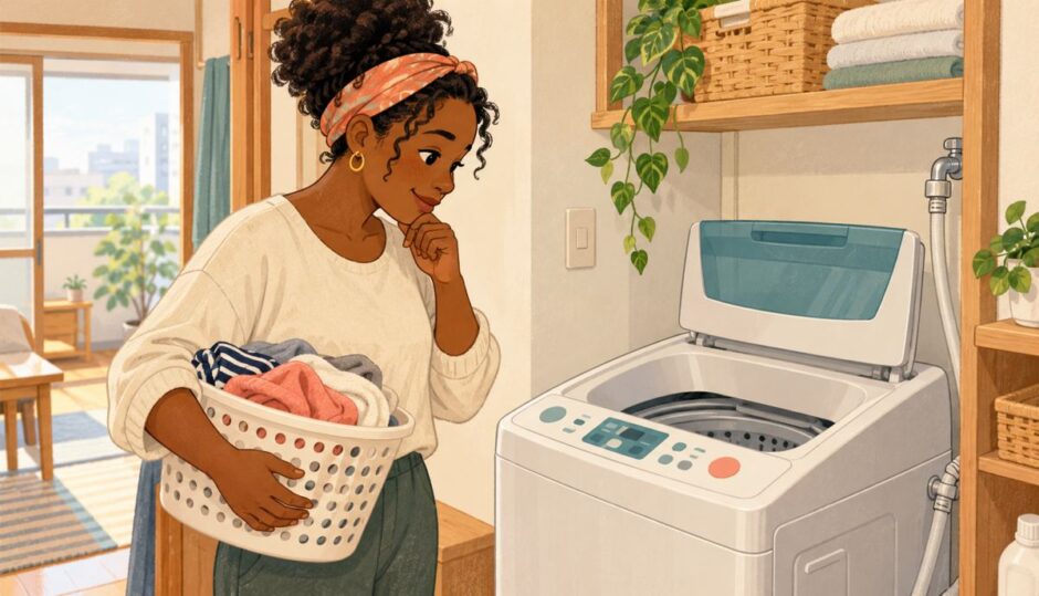 Resident checking the control panel of a Japanese washing machine while holding a laundry basket