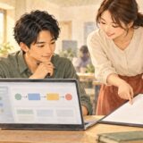 Coworkers reviewing a workplace approval request on a laptop in Japan