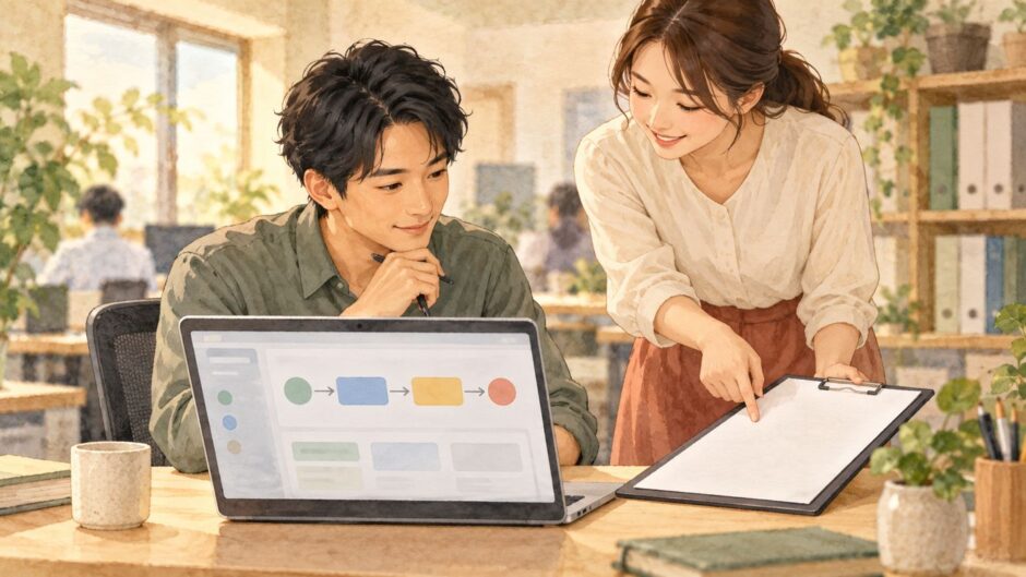 Coworkers reviewing a workplace approval request on a laptop in Japan