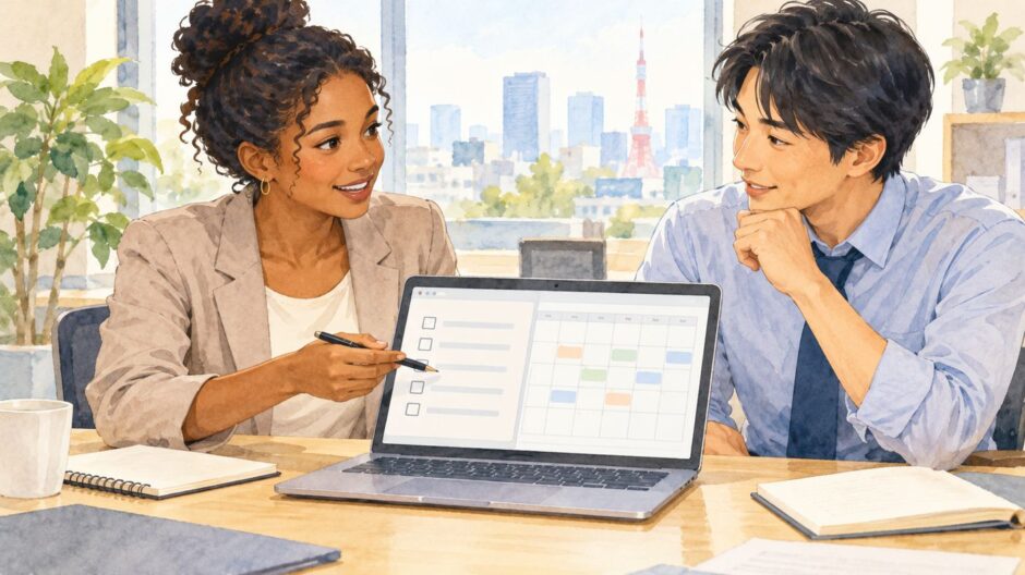 Two coworkers review a handover checklist and calendar together at an office table
