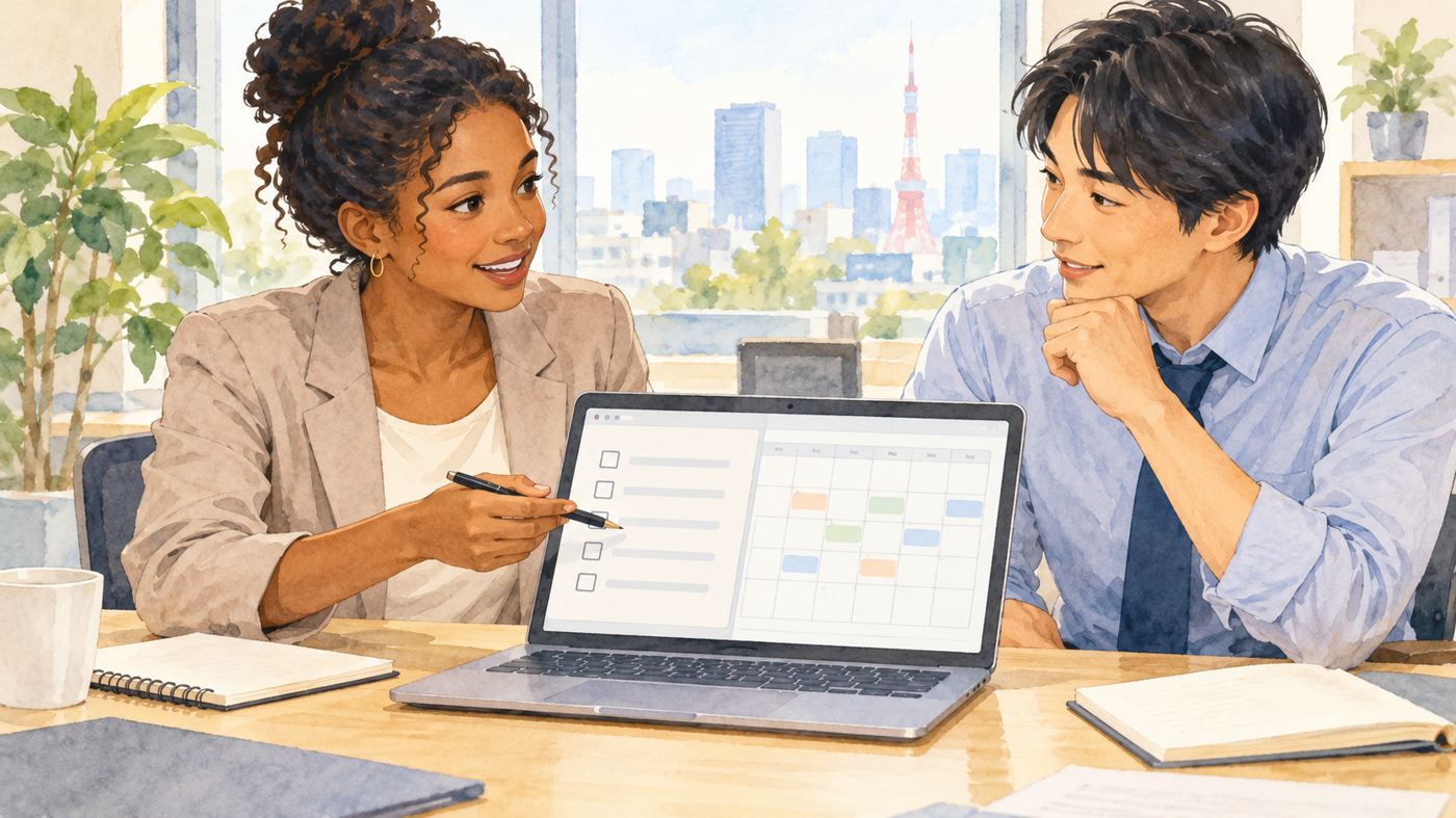 Two coworkers review a handover checklist and calendar together at an office table