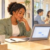 A woman checks a meeting invitation on her laptop in a bright office
