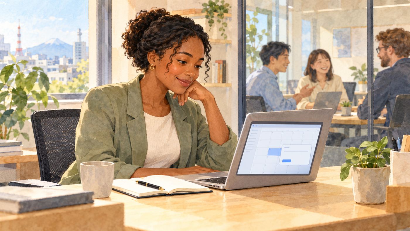 A woman checks a meeting invitation on her laptop in a bright office