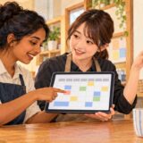 Two colleagues review a color-coded work shift calendar on a tablet