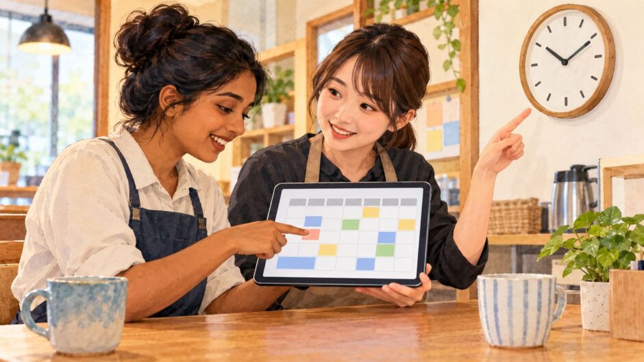 Two colleagues review a color-coded work shift calendar on a tablet