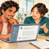 Coworkers reviewing a work chat request and calendar beside a laptop in an office