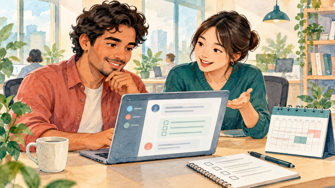Coworkers reviewing a work chat request and calendar beside a laptop in an office