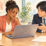 Coworkers reviewing an office email together on a laptop before replying