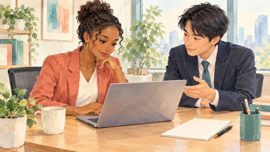 Coworkers reviewing an office email together on a laptop before replying