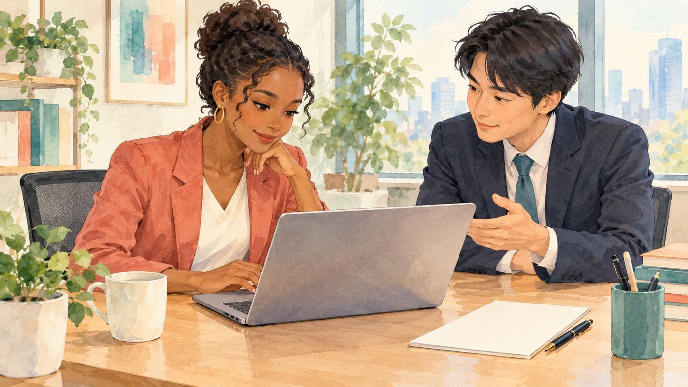 Coworkers reviewing an office email together on a laptop before replying