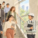 Coworkers following a guide down office stairs during an evacuation drill in Japan