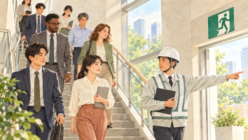 Coworkers following a guide down office stairs during an evacuation drill in Japan