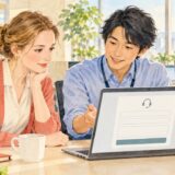 Employee and IT colleague reviewing a help desk form together on a laptop at the office