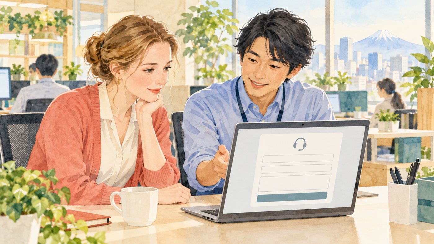 Employee and IT colleague reviewing a help desk form together on a laptop at the office