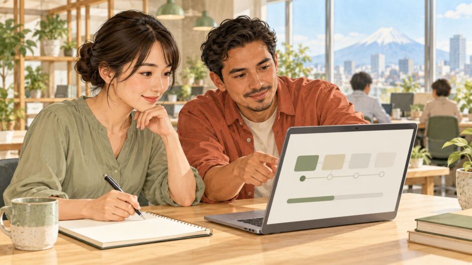 Colleagues reviewing an online workplace training course together