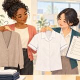 Coworkers comparing a plain work uniform and cardigan with a checklist in a staff area