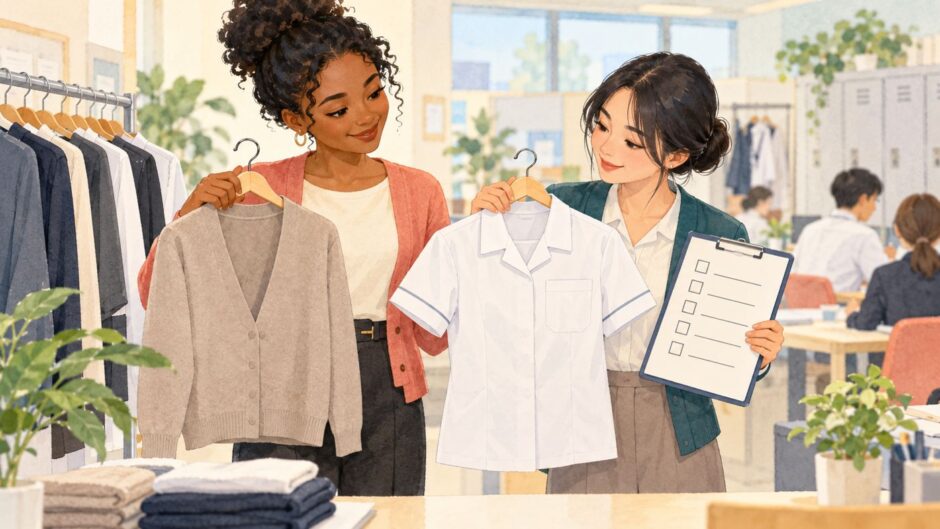 Coworkers comparing a plain work uniform and cardigan with a checklist in a staff area
