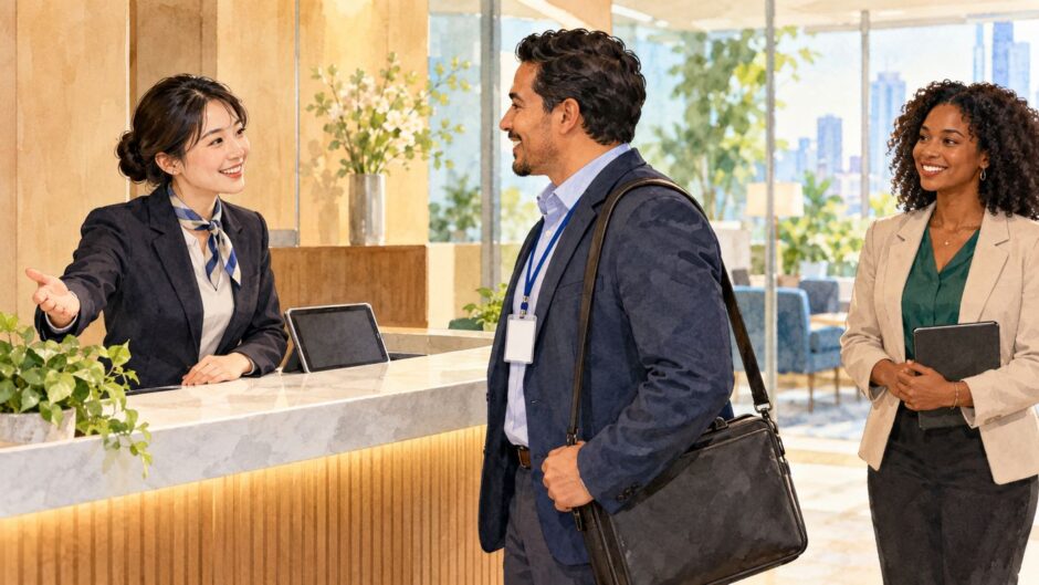 A business visitor checks in at a Japanese office reception desk while a colleague waits to greet him
