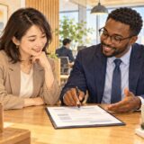 Two colleagues in a Japanese office reviewing a blank employment conditions document together