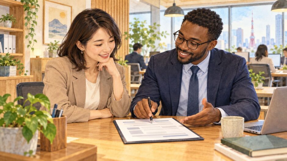 Two colleagues in a Japanese office reviewing a blank employment conditions document together
