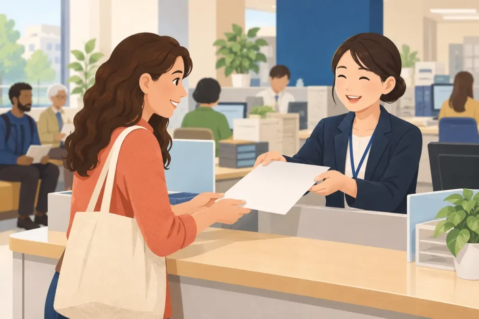 Resident receiving a document at a Japanese ward office counter