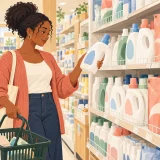 Black woman comparing laundry detergent bottles in a Japanese store