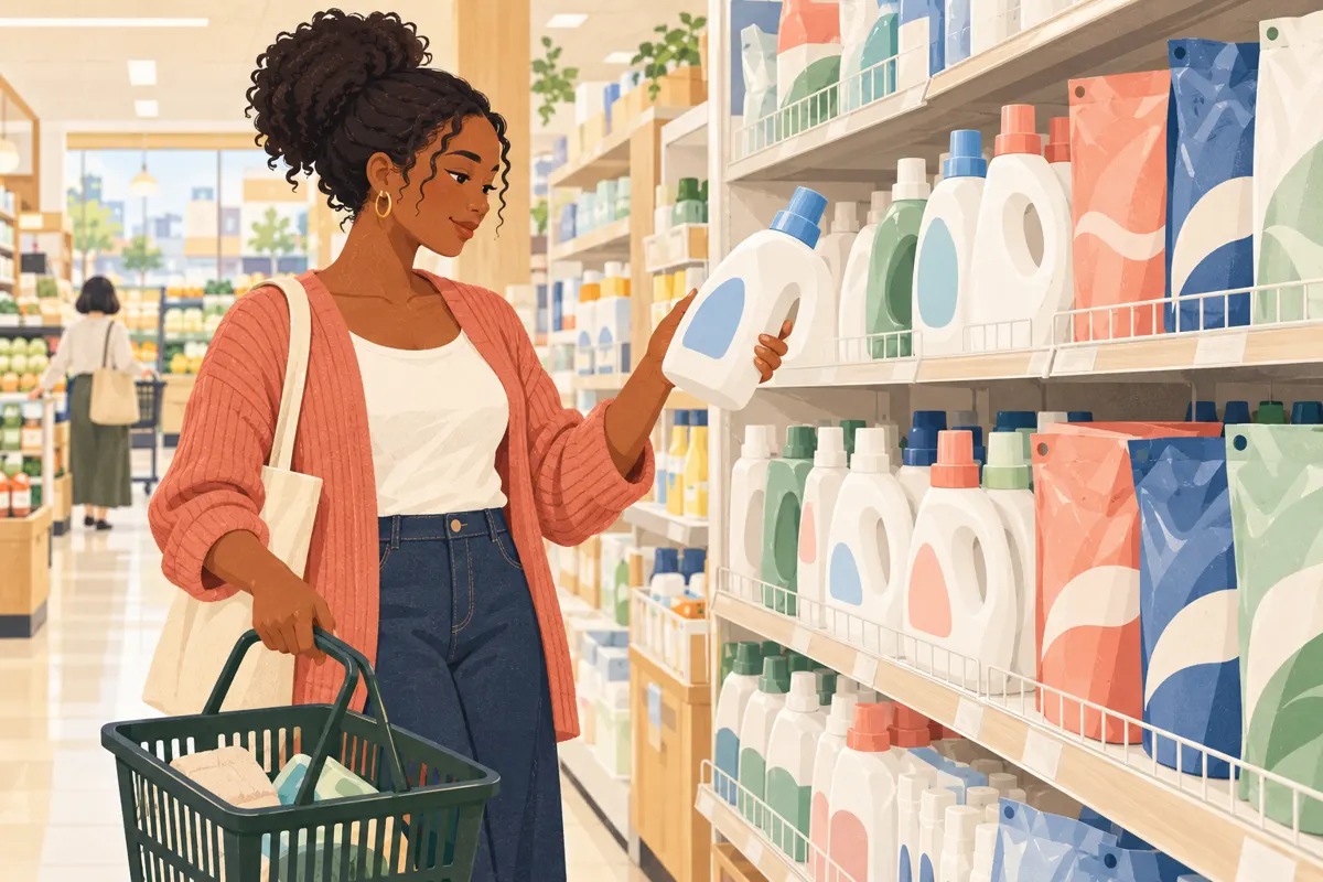 Black woman comparing laundry detergent bottles in a Japanese store