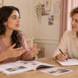Illustrative one-to-one English lesson with an adult woman learner and instructor; fictional setting
